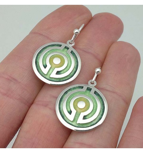 Celtic labyrinth earrings, in sterling silver and fire enamels, in green tones.