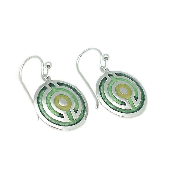 Celtic labyrinth earrings, in sterling silver and fire enamels, in green tones.