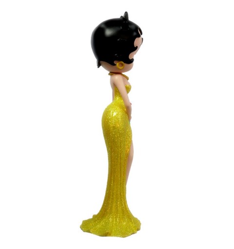 Betty Boop, holding a bouquet of flowers and wearing a spectacular yellow dress with a shiny finish
