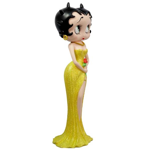 Betty Boop, holding a bouquet of flowers and wearing a spectacular yellow dress with a shiny finish