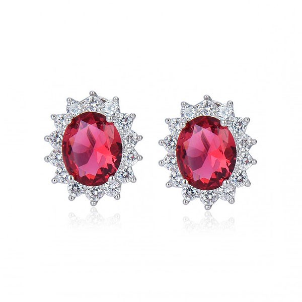 Silver earrings, with omega closure, ruby.