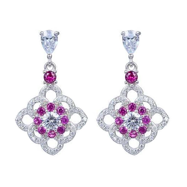 Silver earrings with white and ruby zircons