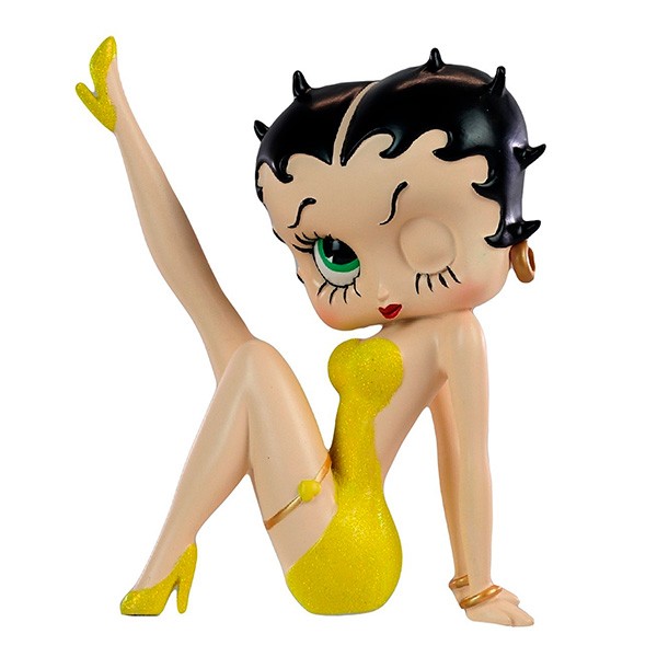 Betty Boop in a yellow dress, poses with her right leg raised.