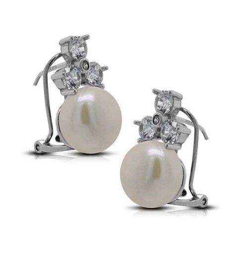 Earrings with omega closure, in sterling silver, pearls and zircons.