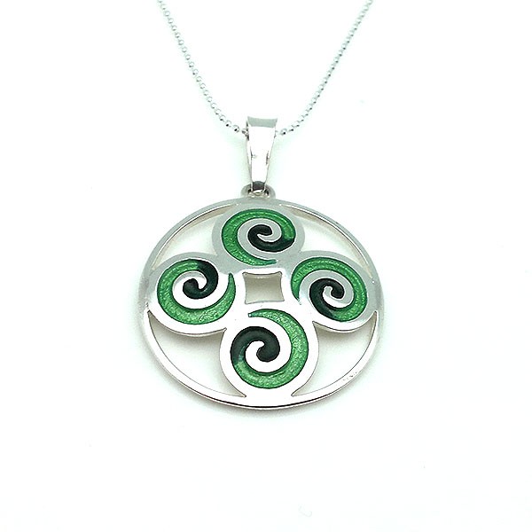 Colgante celta, con forma de espiral, en plata y esmalte a fuego
