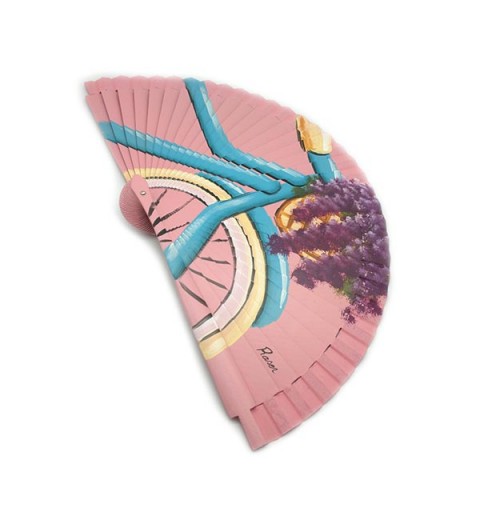 Hand-painted fan, representing a bicycle adorned with flowers.