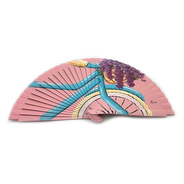 Hand-painted fan, representing a bicycle adorned with flowers.
