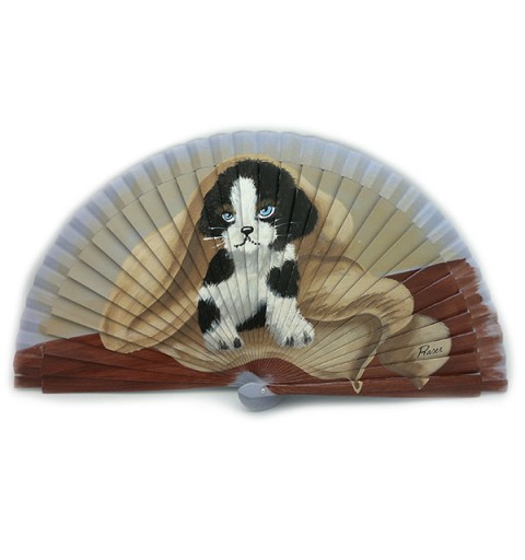 Fan with a dog wrapped in a towel, hand painted.