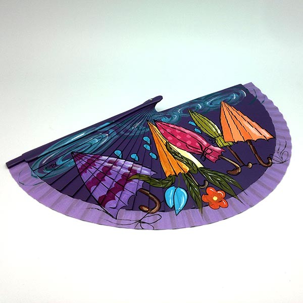 Hand-painted fan, in which we can see several umbrellas with different colors.