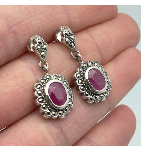 Sterling silver, ruby and marcasite earrings.
