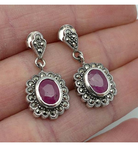 Sterling silver, ruby and marcasite earrings.