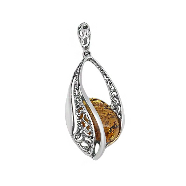Teardrop pendant, in smooth silver and amber