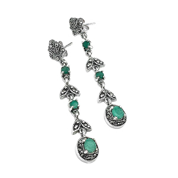 Long earrings, sterling silver, marcasites and emeralds.