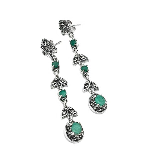 Long earrings, sterling silver, marcasites and emeralds.