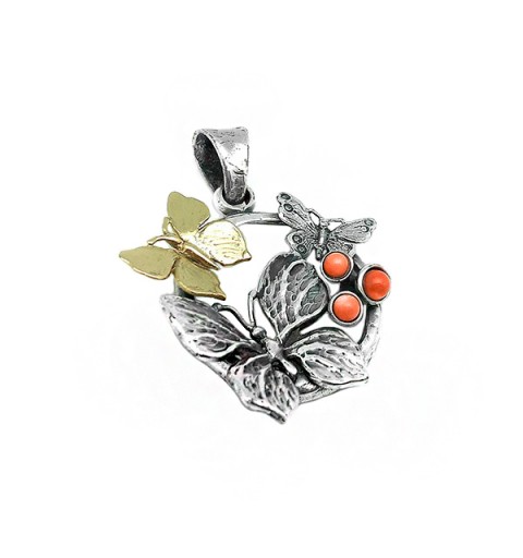 Butterfly pendant, in sterling silver, bronze and coral.