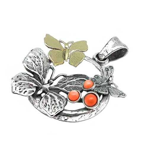 Colgante mariposas, en plata de ley, bronce y coral.