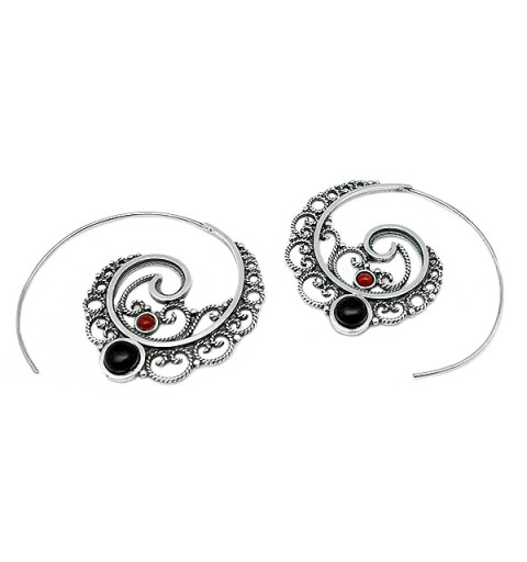 Hoop earrings, in sterling silver, jet and coral.