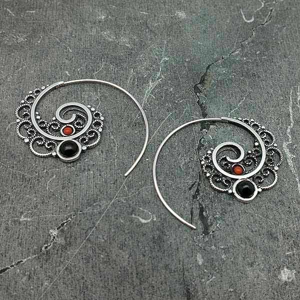 Medium size Balinese hoop earrings in sterling silver, jet and coral.