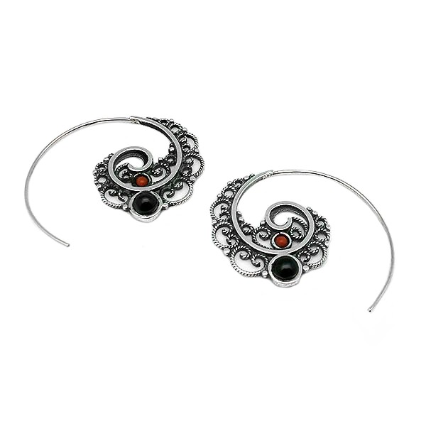Medium size Balinese hoop earrings in sterling silver, jet and coral.