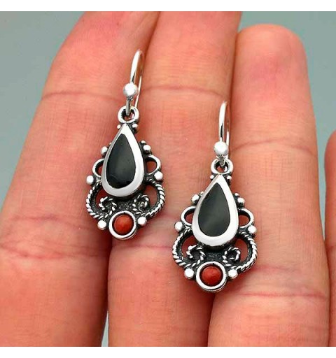 Sterling silver, jet and coral earrings.