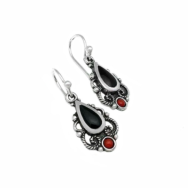 Sterling silver, jet and coral earrings.