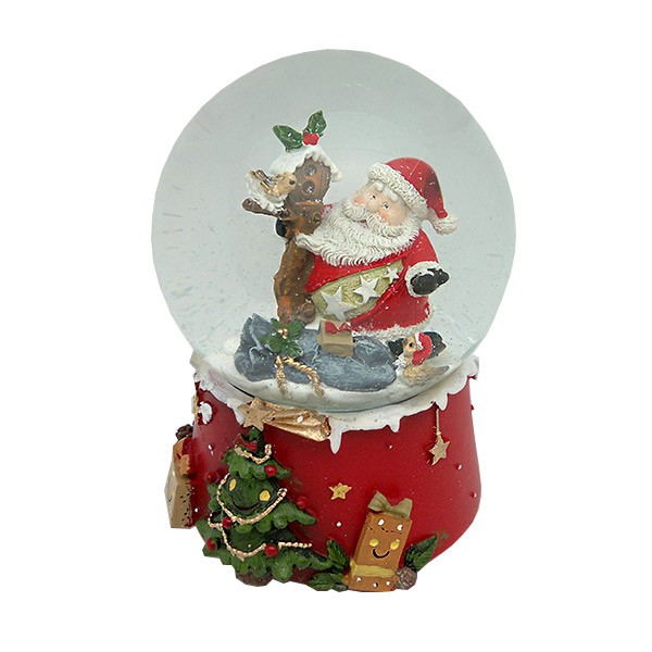 Christmas snow globe, in which we see Santa Claus, playing with some little birds.