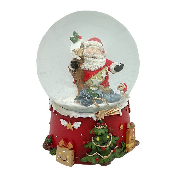 Bola de nieve navideña, en la que vemos a santa claus, jugando con unos pajaritos.