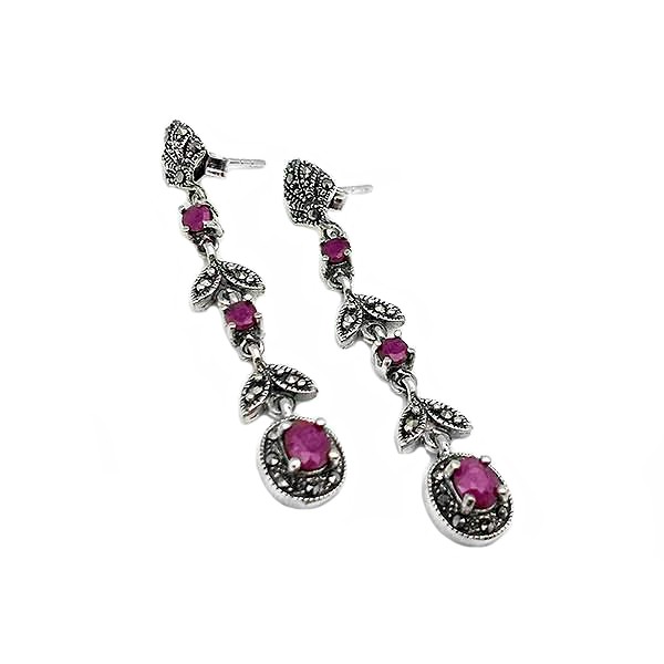 Long earrings, sterling silver, marcasites and rubies.