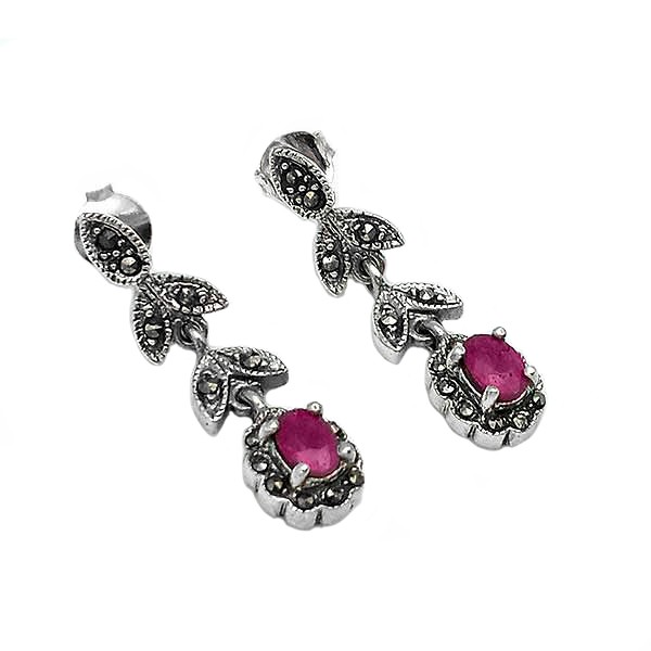 Antique type earrings, in sterling silver, rubies and marcasites.