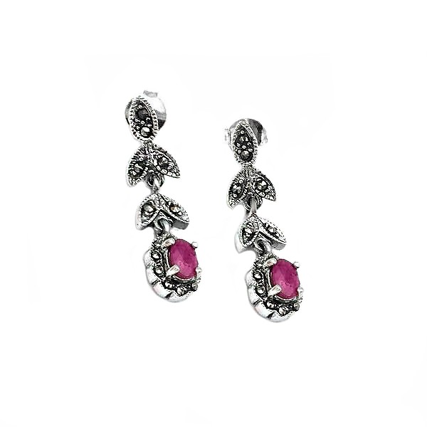 Antique type earrings, in sterling silver, rubies and marcasites.