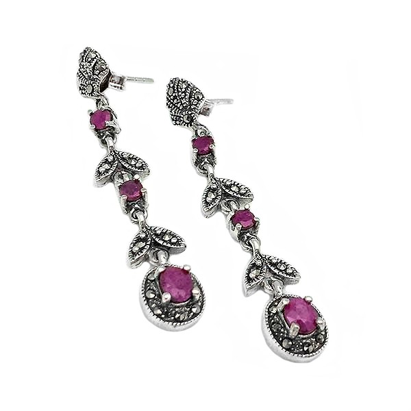 Long earrings, sterling silver, marcasites and rubies.