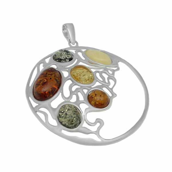 Openwork pendant in smooth silver and natural amber stones