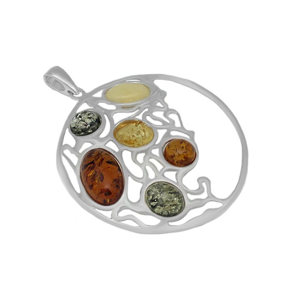 Openwork pendant in smooth silver and natural amber stones