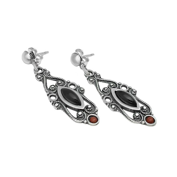 Sterling silver,coral and jet earrings