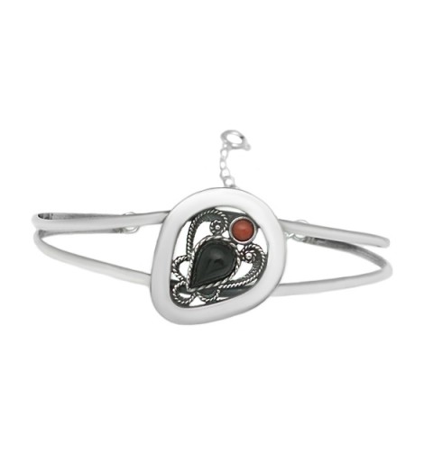Rigid bracelet in sterling silver, jet and coral