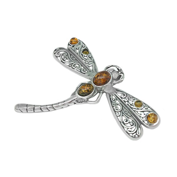 Openwork dragonfly brooch with amber