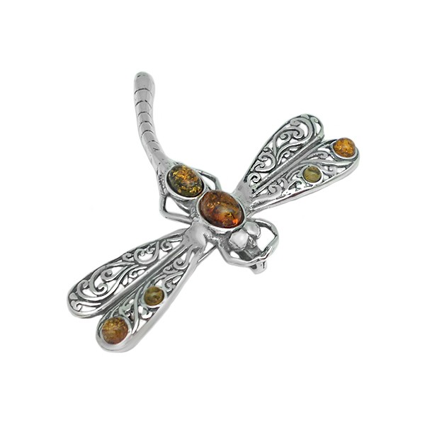 Openwork dragonfly brooch with amber