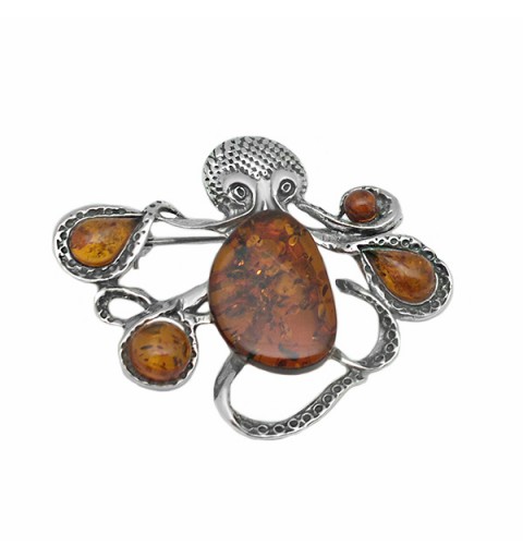 Octopus brooch with amber