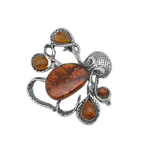 Octopus brooch with amber