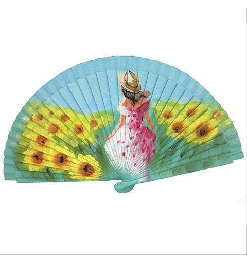 Hand-painted fan featuring a woman in a sunflower field.