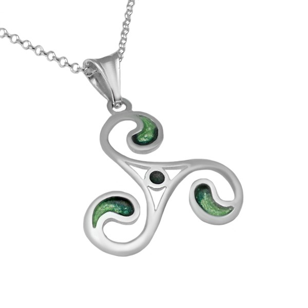 Triskelion shaped pendant, in sterling silver and fired enamel in green tones.