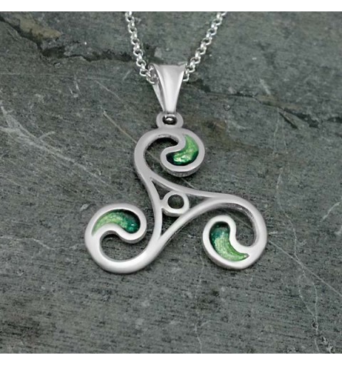 Triskelion shaped pendant, in sterling silver and fired enamel in green tones.