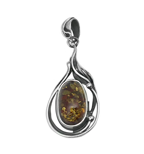 Openwork Silver Pendant with Natural Amber