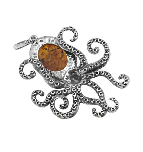 Octopus Pendant in sterling silver and natural amber