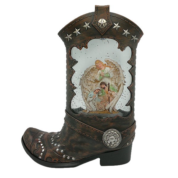 Country boot lantern with nativity scene