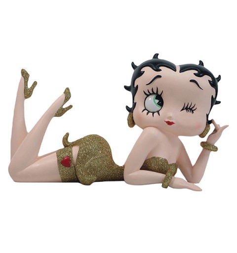 Betty boop figure, lying down, winking, shiny gold dress.