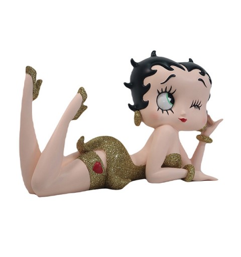 Betty boop figure, lying down, winking, shiny gold dress.