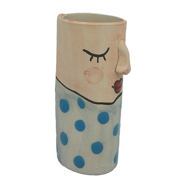Pen holder in the shape of a woman with a protruding nose, handmade in ceramic