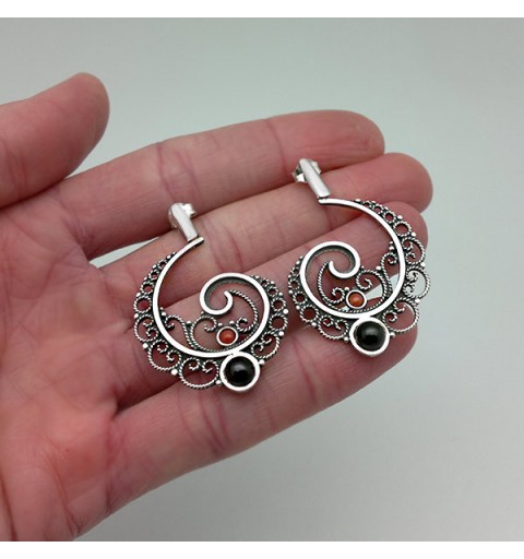 Jet and coral spiral earrings