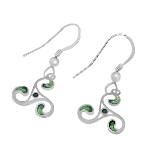 Triskelion earrings with green enamel